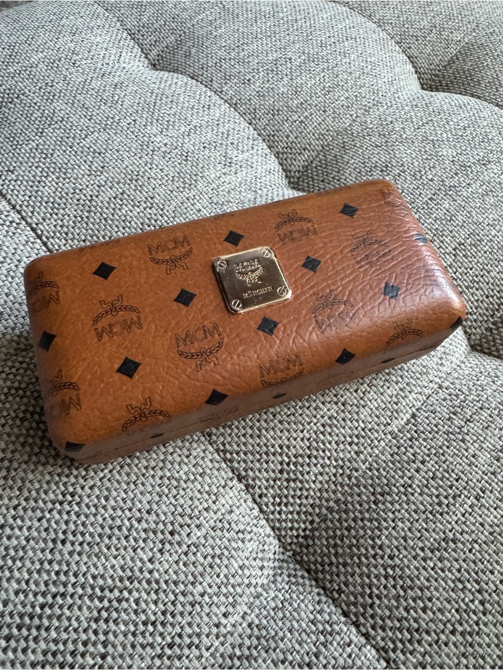 MCM Cognac hard shell sunglass case with Gold colored Plaque